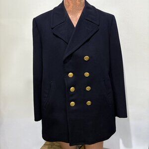 Werner Mahlberg 42 W German Navy Blue Wool Double-Breasted Pea Coat Jacket 1960s
